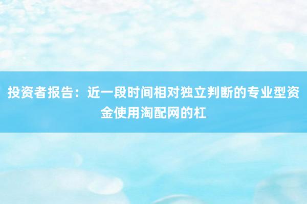 投资者报告：近一段时间相对独立判断的专业型资金使用淘配网的杠